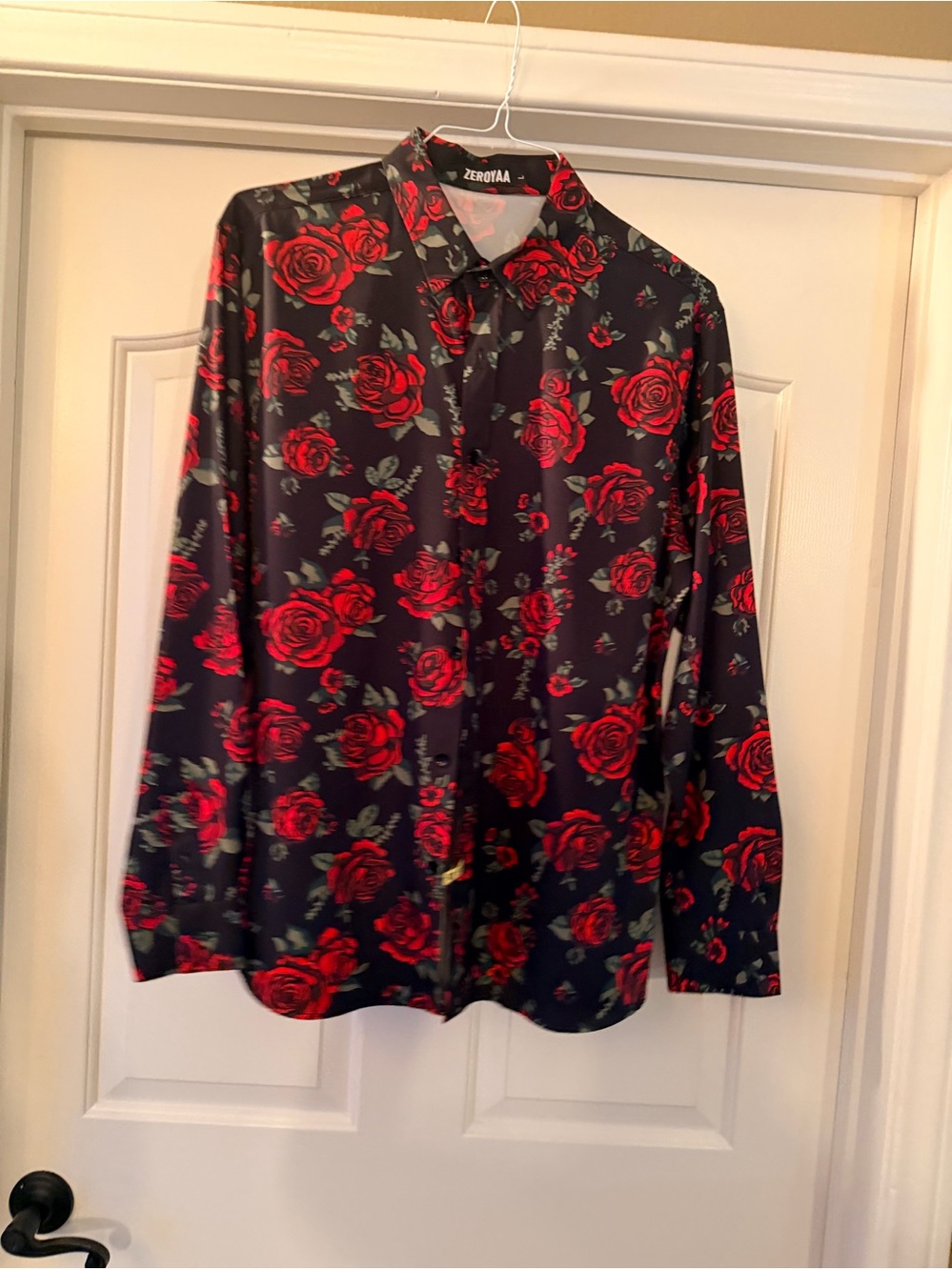 Zeroyaa Black Shirt with Red Rose Print - Men's Button-Up